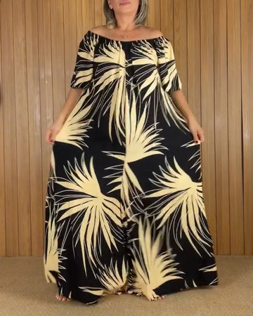 Tropical Print Off the Shoulder Short  Sleeve Waist Tied Detail Dress